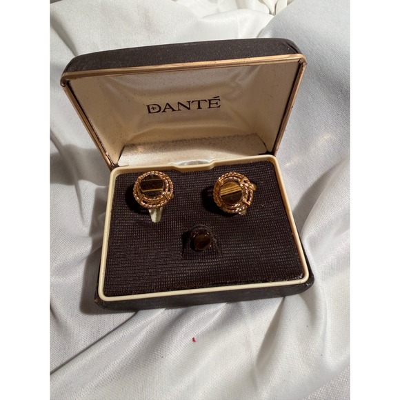 Dante Other - Vintage Dante Tigers Eye Cufflinks and Tie Tack Set Gold Tone Mid Century Boxed